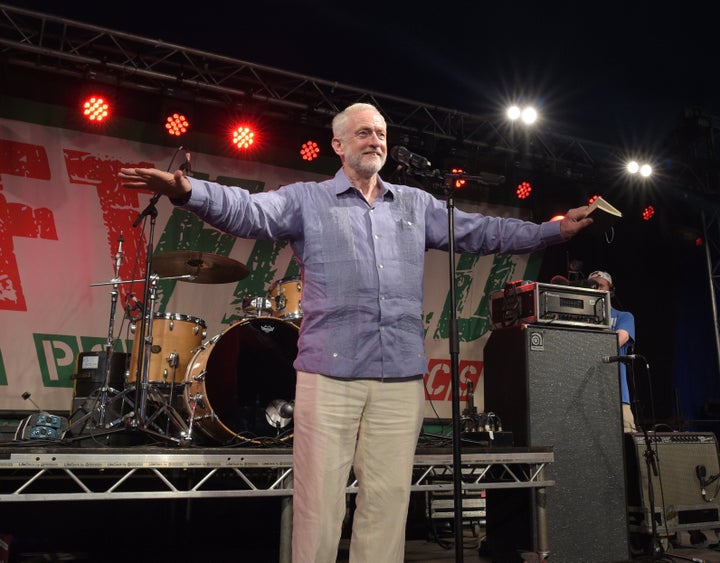 Jeremy Corbyn addresses the crowd from the stage at LeftField at Glastonbury Festival.