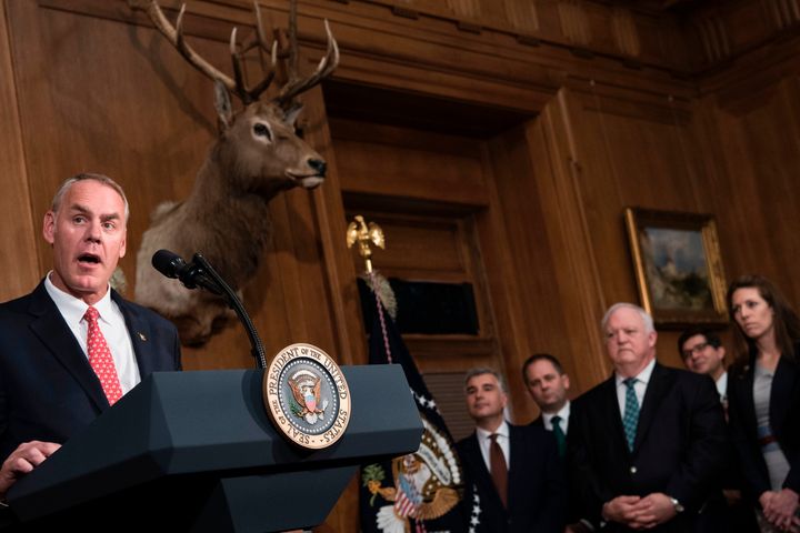 Secretary of the Interior Ryan Zinke speaks before President Donald Trump signs an executive order to review the Antiquities Act on April 26, 2017.