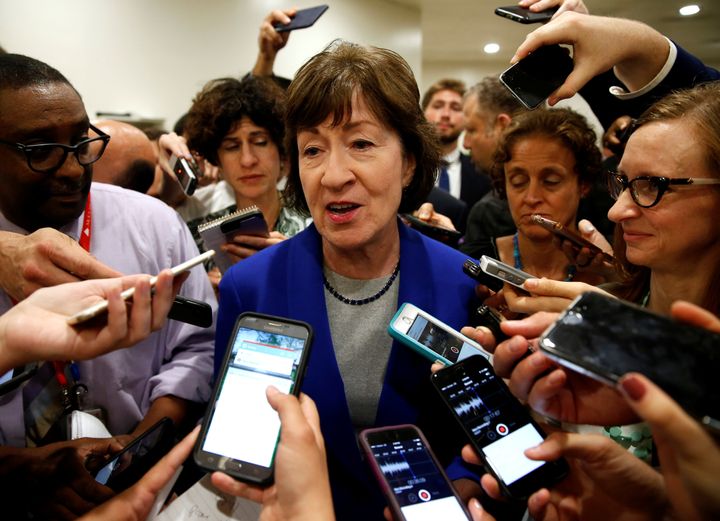 Sen. Susan Collins (R-Maine) is mobbed by reporters who know she's not a fan of her party's Obamacare repeal bills.