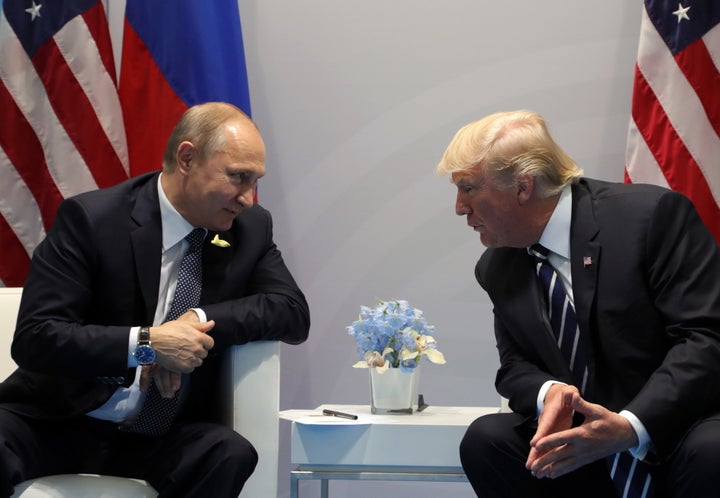 Russian President Vladimir Putin and President Donald Trump talk during a meeting on the sidelines of the G20 summit in Hamburg on July 7.