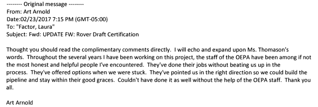 A screenshot of an email between Art Arnold, Energy Transfer Partners' lobbyist in Ohio, and Laura Factor, the assistant director at the Ohio EPA.