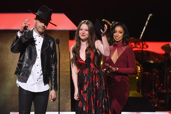 “We are so proud to be Mexican-American, so this goes to all the Hispanics out there in this country. To every minority group, we are with you, we stand with you,” Joy Huerta said at the Grammys. 