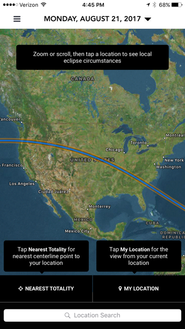 Main map in app. Use the triangle next to date at top to select maps for other future eclipses.