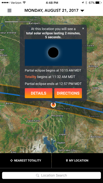 Select a location to see eclipse information. You can choose My Location to use your current GPS location, or Nearest Totality to find the nearest location to you that is on the centerline of the path of totality. Tap Details for additional information or Directions to open map software for driving to your selected location. 