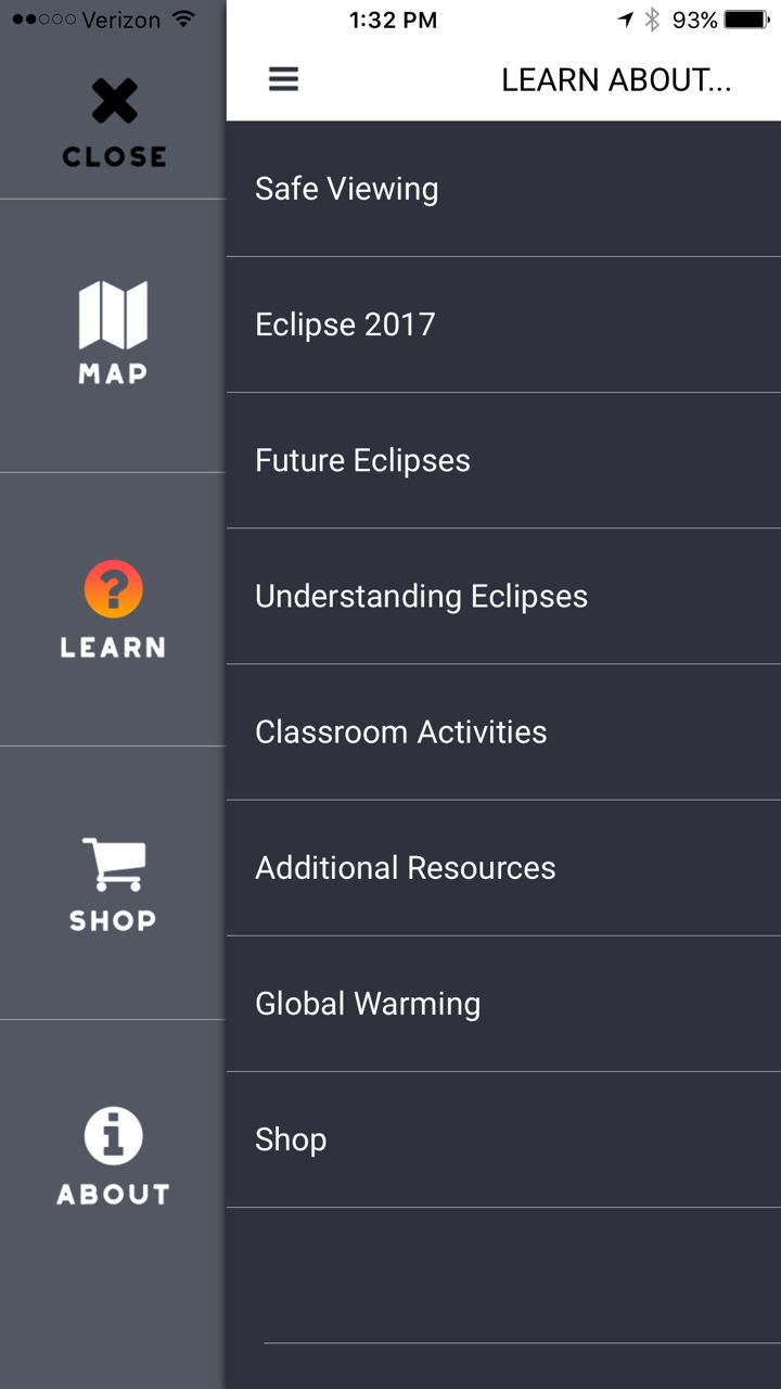 <p>Tapping the main menu in the upper left corner of the <a href="http://www.bigkidscience.com/eclipse/" target="_blank" role="link" rel="nofollow" class=" js-entry-link cet-external-link" data-vars-item-name="Totality by Big Kid Science" data-vars-item-type="text" data-vars-unit-name="59698203e4b06a2c8edb469e" data-vars-unit-type="buzz_body" data-vars-target-content-id="http://www.bigkidscience.com/eclipse/" data-vars-target-content-type="url" data-vars-type="web_external_link" data-vars-subunit-name="article_body" data-vars-subunit-type="component" data-vars-position-in-subunit="16">Totality by Big Kid Science</a> app brings up the four options at left; then tapping Learn brings up the links to the educational screens listed at right. You can always go back to the map by tapping the X for close or Map. </p>