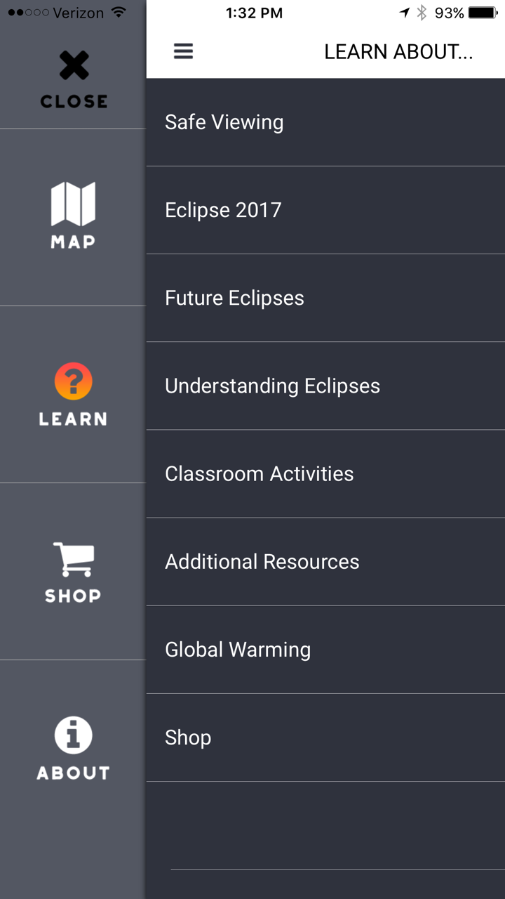 Tapping the main menu in the upper left corner of the Totality by Big Kid Science app brings up the four options at left; then tapping Learn brings up the links to the educational screens listed at right. You can always go back to the map by tapping the X for close or Map. 