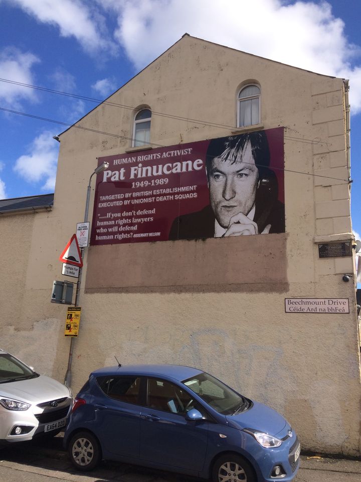 Mural in West Belfast commemorates murdered lawyers Pat Finucane and Rosemary Nelson.