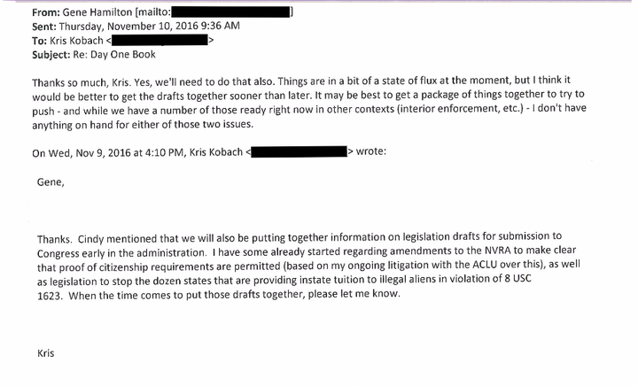 In a Nov. 9 email to the Trump transition team, Kris Kobach explained he had already begun work on an amendment to the 1993 National Voter Registration Act.