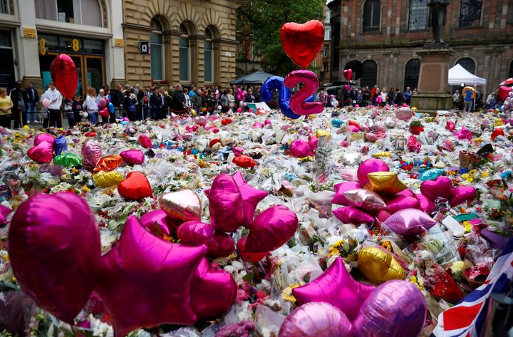 Flowers and tributes to the victims of the attack on Manchester Arena.