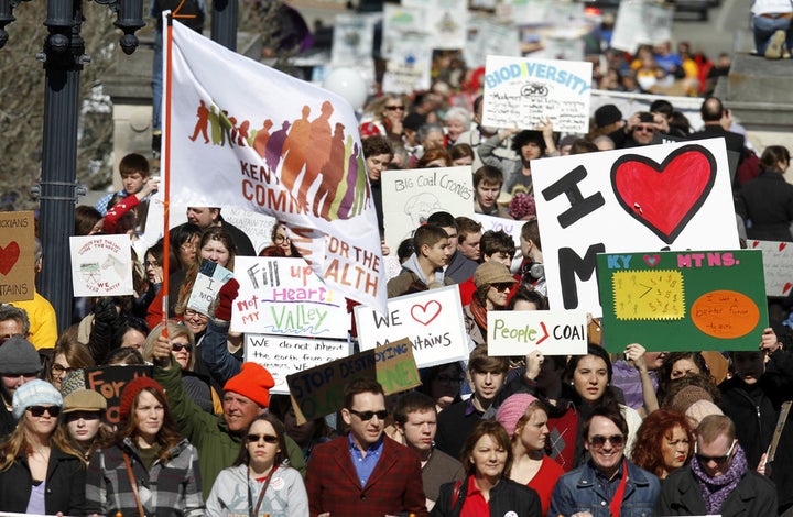 Demonstrators at a rally in Frankfort, Kentucky, Feb. 13, 2013, protest against mountaintop removal coal mining.