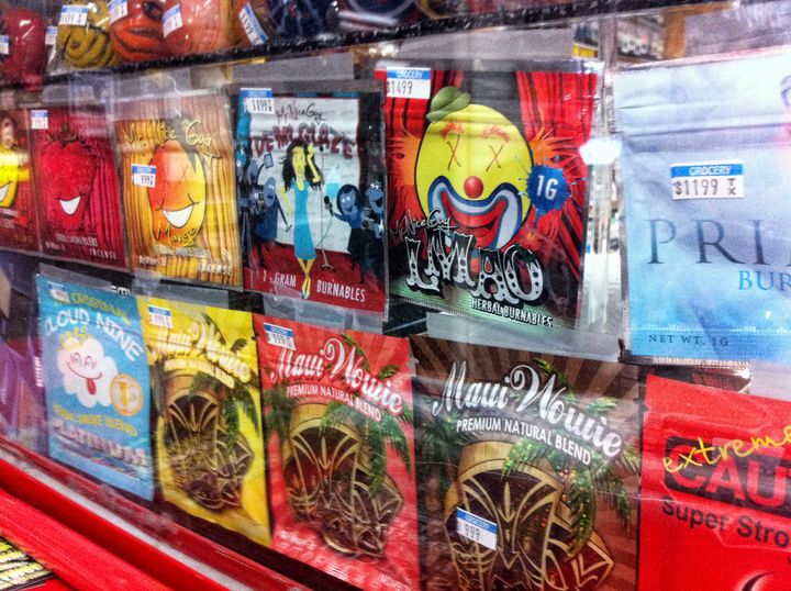 Synthetic marijuana, sold in colorful packages with names like Cloud Nine, Maui Wowie and Mr. Nice Guy, on display behind the glass counter at a Kwik Stop in Hollywood, Florida.