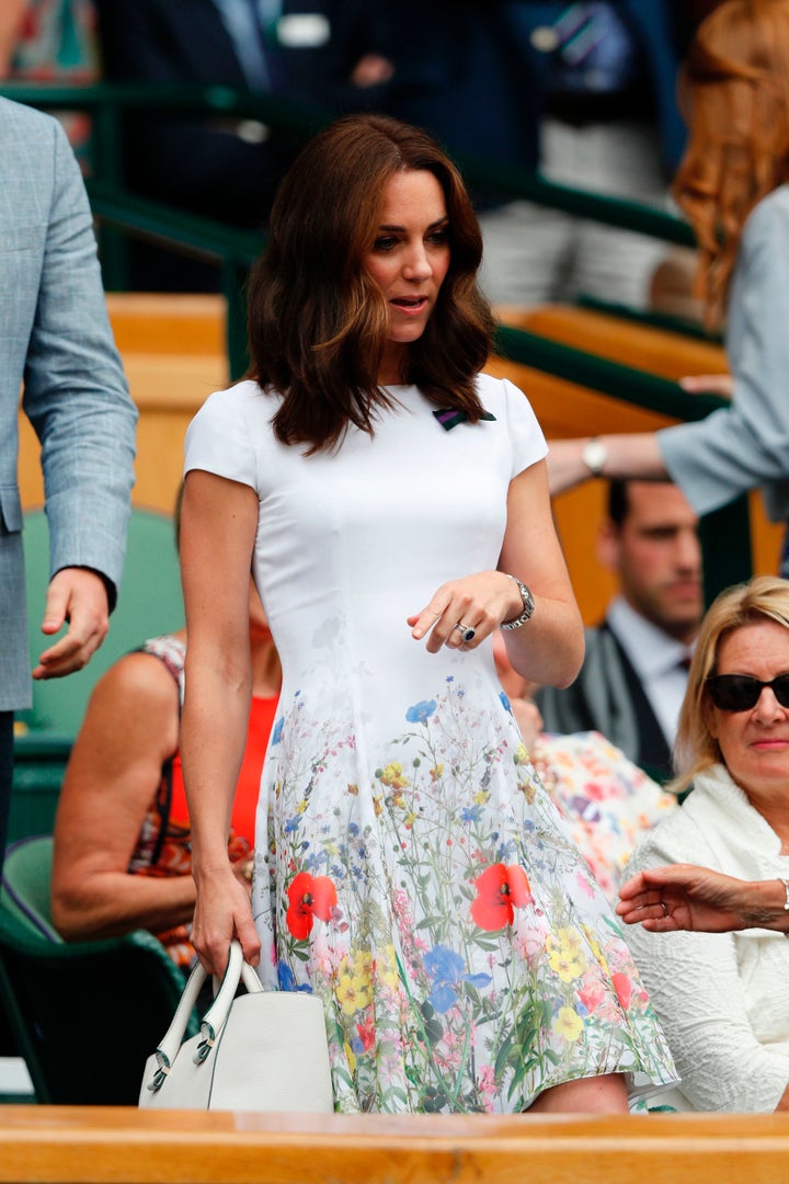 Duchess of Cambridge, takes her seat in the Royal box on Centre Court for the men's singles final match on the last day of the 2017 Wimbledon Championships at The All England Lawn Tennis Club in Wimbledon on July 16, 2017. 