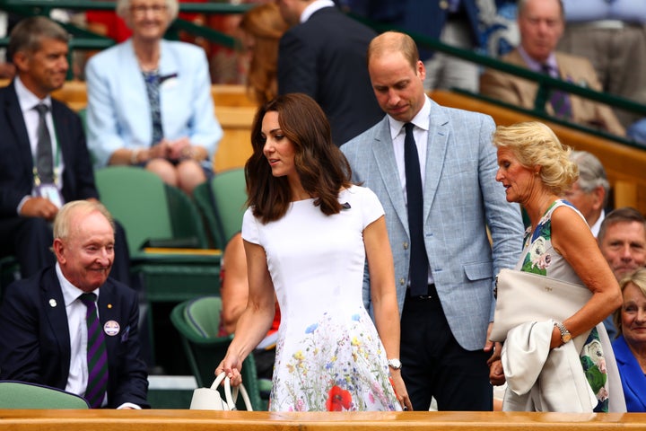 Prince William, Duke of Cambridge and Catherine, Duchess of Cambridge and welcomed by Gill Brook in the centre court royal box prior to the Gentlemen's Singles final between Roger Federer of Switzerland and Marin Cilic of Croatia on day thirteen of the Wimbledon Lawn Tennis Championships at the All England Lawn Tennis and Croquet Club at Wimbledon on July 16, 2017 in London, England. 