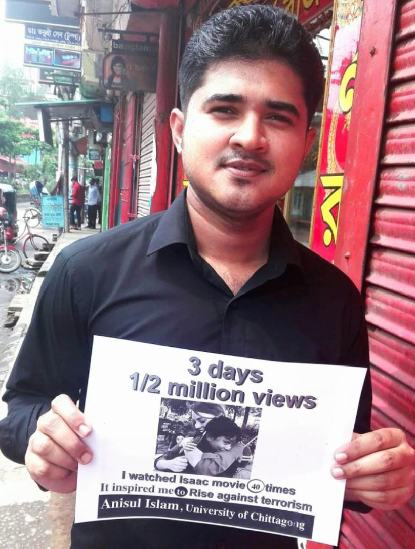 Anisul Islam, a lecturer at Daffodil Institute of IT (DIIT), promoting Isaac’s movie in a hope to create a world without terr