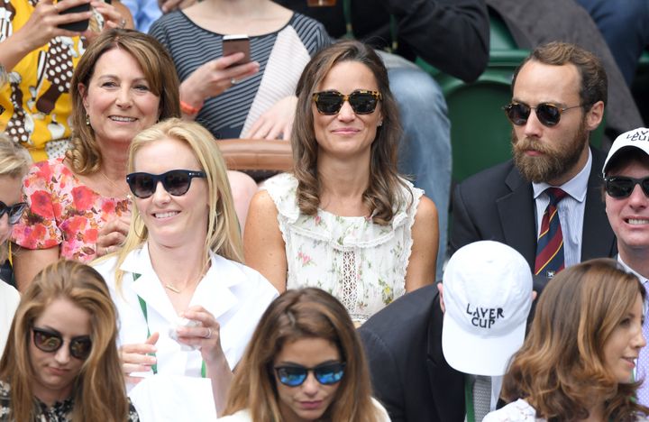 Carole Middleton, Pippa Middleton and James Middleton attend day 13 of Wimbledon 2017 on July 16, 2017 in London, England. 