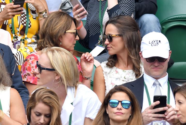 Carole Middleton and Pippa Middleton attend day 13 of Wimbledon 2017 on July 16, 2017 in London, England.