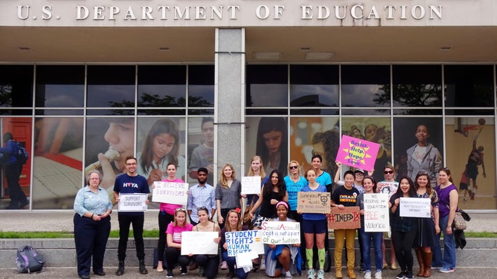 Campus sexual assault survivors and advocates rallied at the U.S. Department of Education headquarters in Washington, DC on April 21, 2017 to ask that protections for survivors not be rolled back.