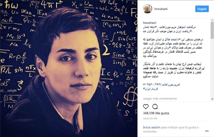 <p>In an unprecedented move, the president of Iran posted this image of Maryam Mirzakhani on Instagram, without retouching her image to add a hijab </p>