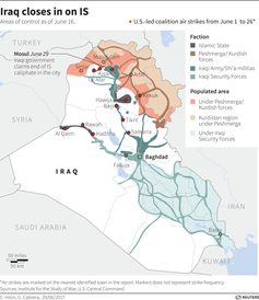 Map of Iraq showing control areas. Includes recent U.S.-led coalition air strikes and recent violence incidents.