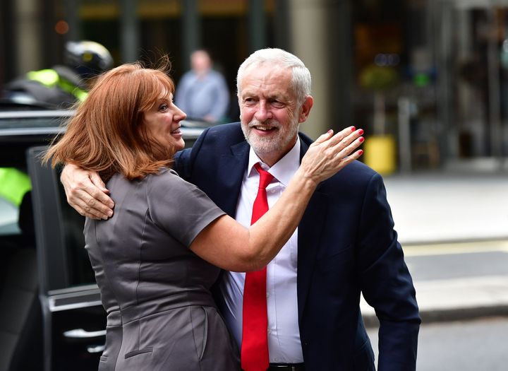 Leader's office director Karie Murphy hugs Jeremy Corbyn after 2017 election result.