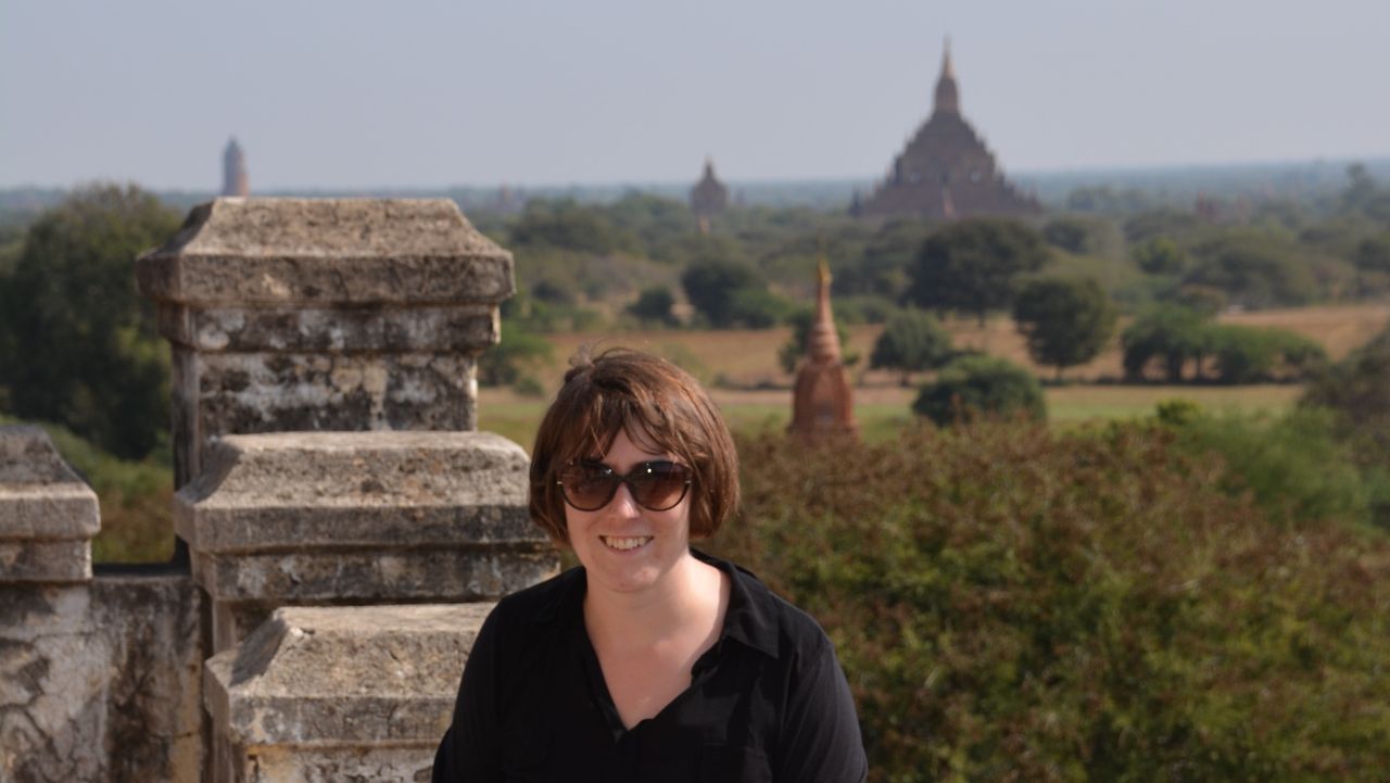 British artist Emma Harrison at Myanmar's most famous archeological site, Bagan, which inspires her work.
