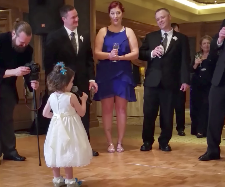 A chatty little girl momentarily stole the show at a wedding when she offered a rambling, yet endearing, speech before the bride and groom.