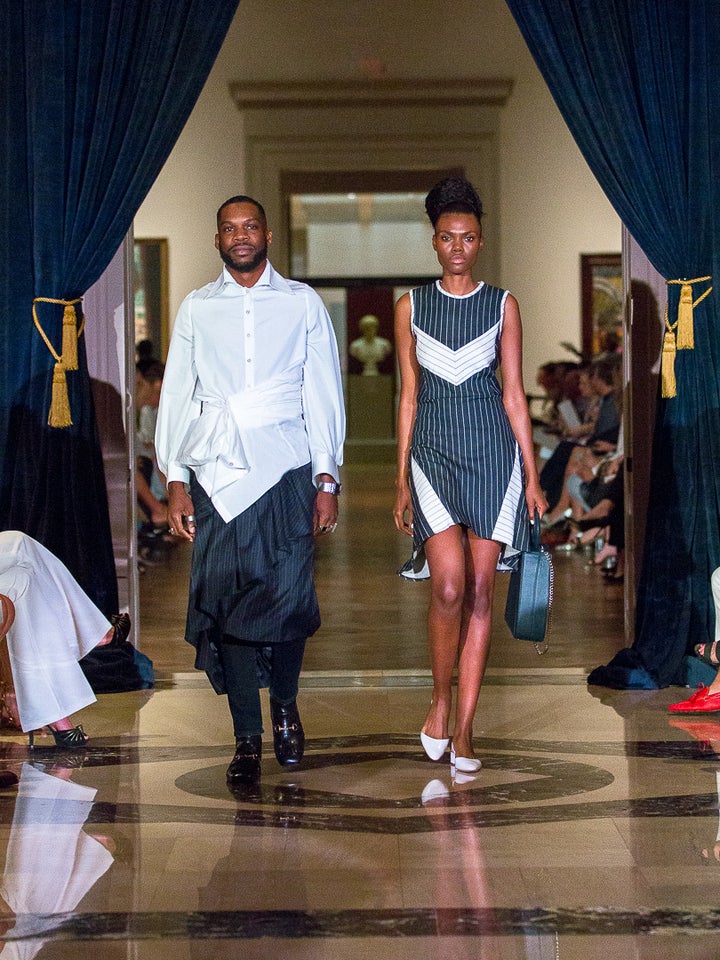 <p>André Leon Talley Presents: Fluid Fashion ’18. Look #2 by Wai Ming and AUDRA featuring an Allison Mitchell tote.</p>