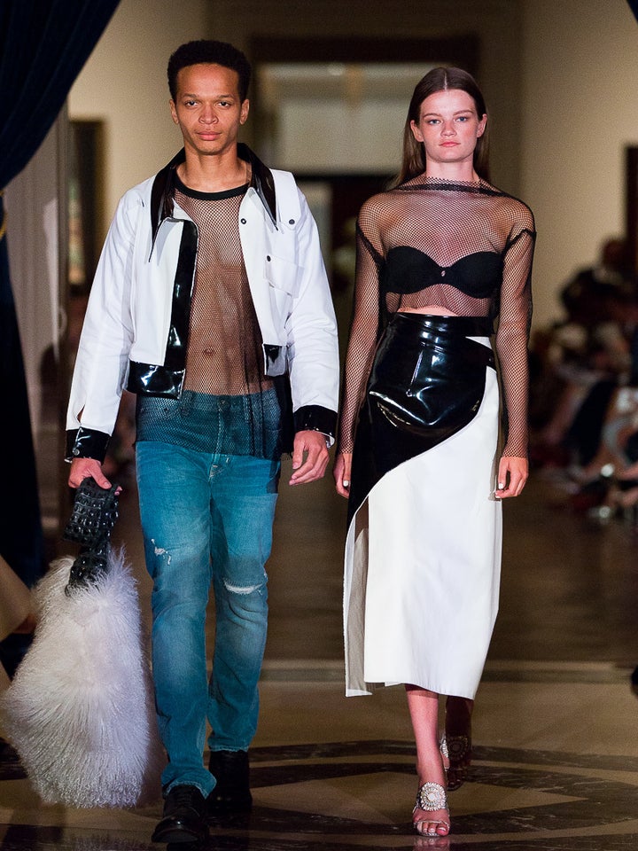 <p>André Leon Talley Presents: Fluid Fashion ’18 . Look #4 Smith II featuring Allison Mitchell Mongolian lamb wool tote with croc stap. </p>
