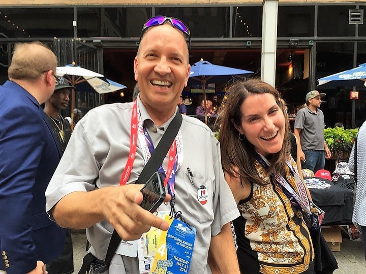 <p>Trump supporters laugh at my protest against Donald Trump outside the Republican National Convention in Cleveland, Ohio, in July 2016.</p>