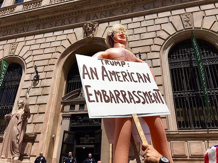 A protest sign outside the Federal Reserve Bank during the Republican National Convention in Cleveland, Ohio, in July 2016.