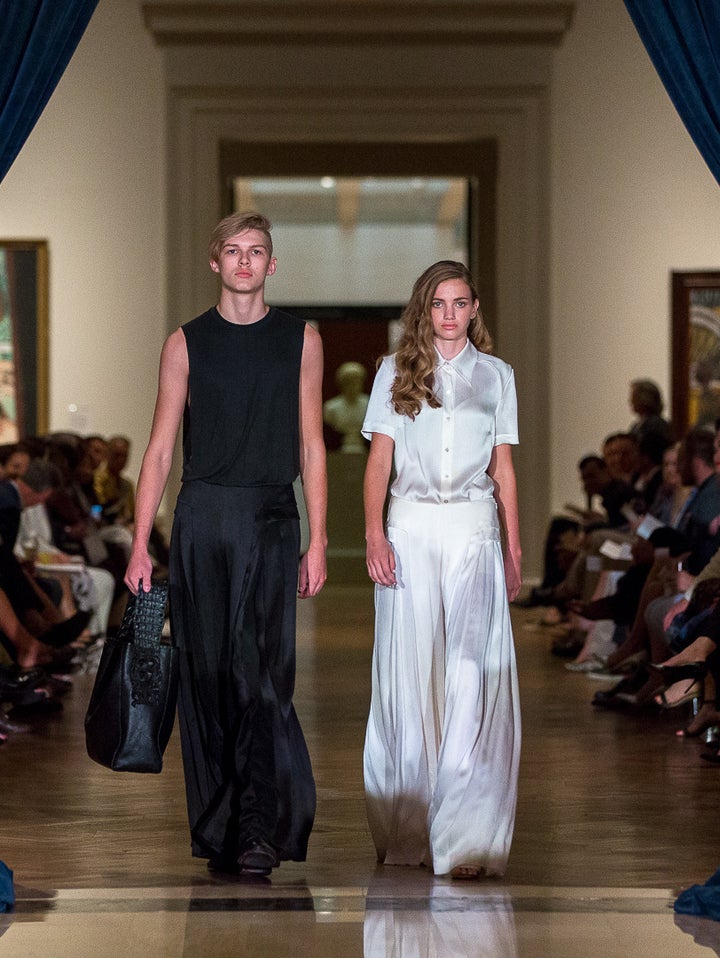 <p>André Leon Talley Presents: Fluid Fashion ’18 – Gender Fluidity. Look #1 AUDRA featuring Allison Mitchell croc strap tote.</p>