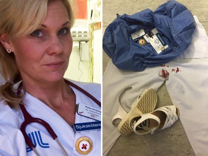 Petra Vinberg Linder and the photo of her bloodied scrubs which she shared on Facebook.