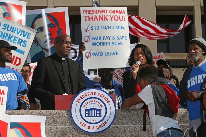 Rev. Dr. Leslie Copeland-Tune, director of the Ecumenical Poverty Initiative, speaks about fair wages at a Good Jobs Nation rally. 