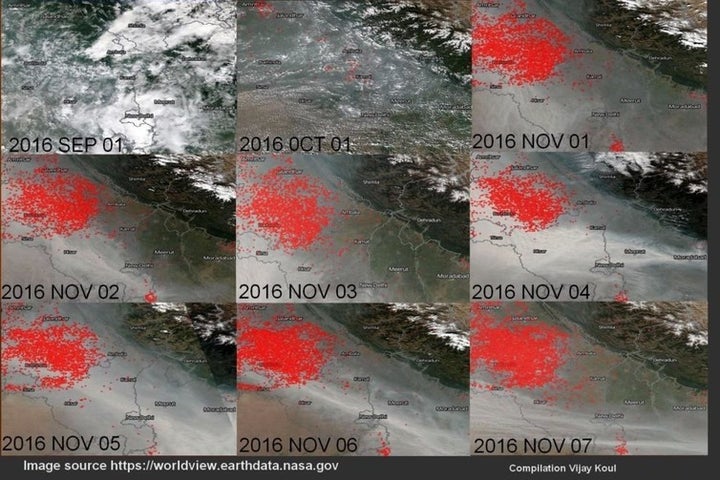 Red indicates live fires. Delhi is located in the centre of the shot, near bottom, southeast of the major crop burns