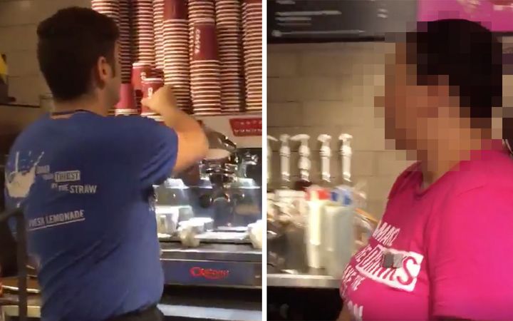Two Costa employees in the video refuse to serve filmmaker Adrian Pincent when he tried to buy food for a homeless person