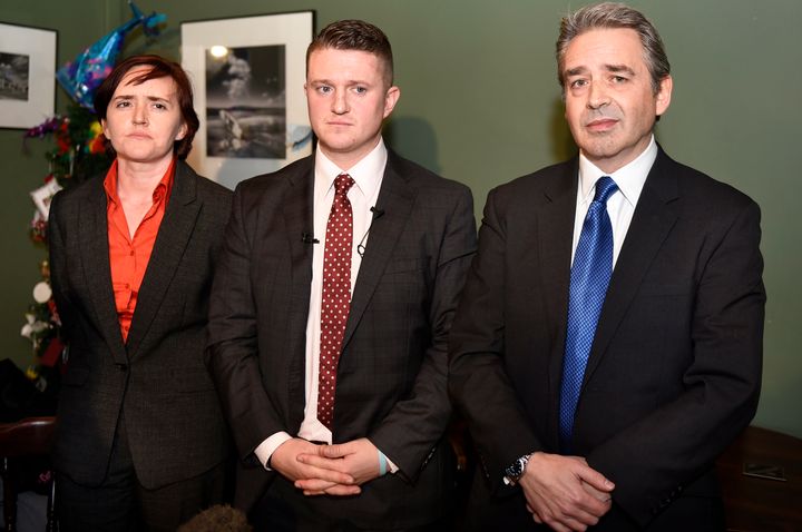 Anne-Marie Waters with anti-Islam activists Tommy Robinson and Paul Weston at the launch of Pegida UK. 