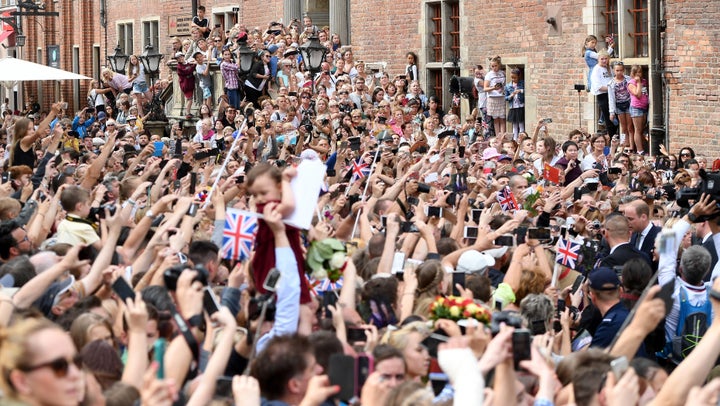 Crowds waiting on the Duke and Duchess of Cambridge. 