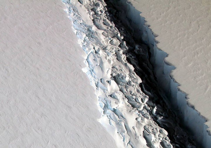 An oblique view of a massive rift in the Antarctic Peninsula's Larsen C ice shelf is shown in this November 10, 2016 photo.