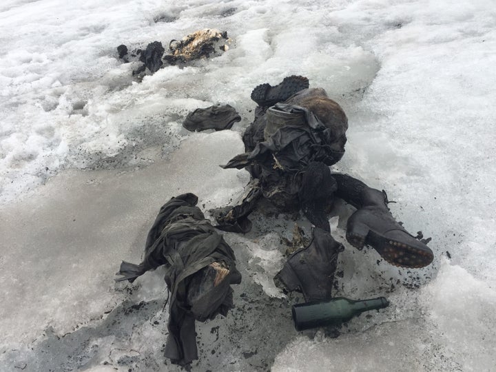 Shoes, clothing and other items are seen alongside the discovered bodies of a Swiss couple who went missing 75 years ago in the Alps.