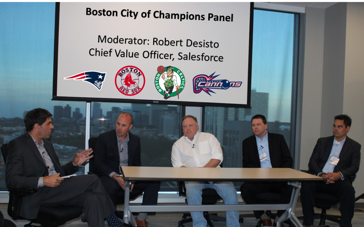 Robert Desisto moderating the Boston City of Champions sports panel with Cannons, Patriots, Celtics and Red Sox