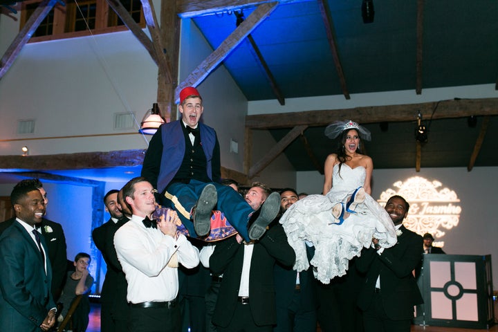The bride and groom taking a magic carpet ride.