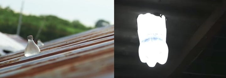 Liter of Light bleach bottles are shown inside a roof -- one viewed from the outside (left) and the other from the inside at night.