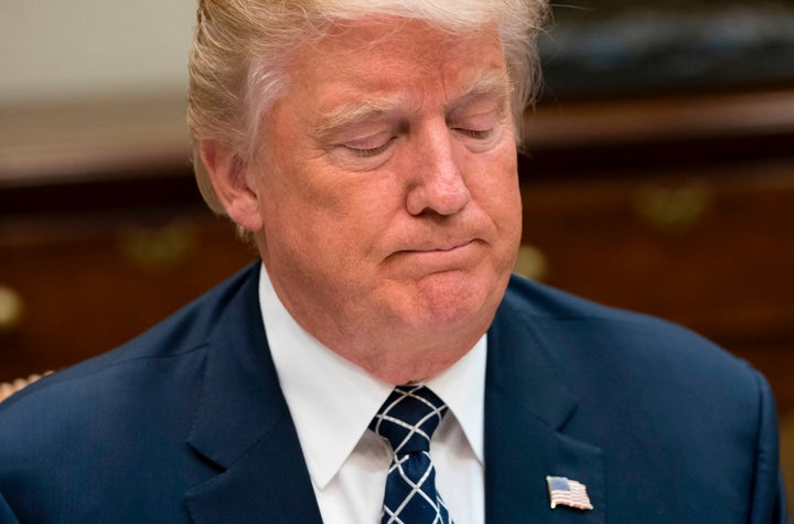 President Donald Trump speaks about the Senate health care bill during a lunch with members of the US military in the Rooseve