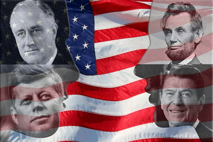 from top right: Franklin D. Roosevelt, Abraham Lincoln, John F. Kennedy, Ronald Reagan