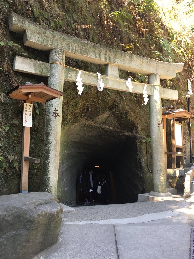 Entrance to the holy grotto is through a rough, stone tunnel.