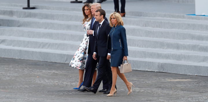 <p> French President Emmanuel Macron, his wife Brigitte Macron, U.S. President <a href="https://www.huffpost.com/news/topic/donald-trump">Donald Trump</a> and First Lady <a href="https://www.huffpost.com/news/topic/melania-trump">Melania Trump</a> on the Place de la Concorde, Paris July 14, 2017. </p>