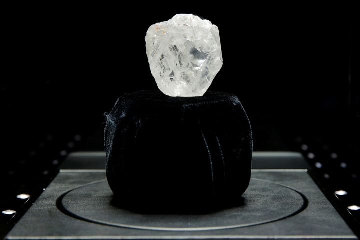 The 1109 carat "Lesedi La Rona" diamond is displayed in a case at Sotheby's in the Manhattan borough of New York, U.S., May 4, 2016.