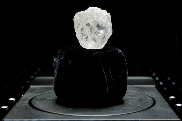 The 1109 carat "Lesedi La Rona" diamond is displayed in a case at Sotheby's in the Manhattan borough of New York, U.S., May 4, 2016.