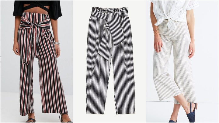 L to R: Asos New Look stripe tie-front pants, $40; Zara trousers with belt, $35.90; Madewell striped wide-leg crop pants, $128