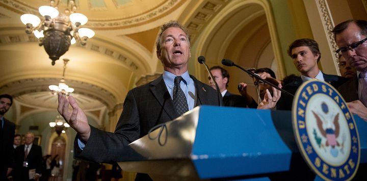 Sen. Rand Paul, one of the key opponents of leadership efforts from the right, speaks at a news conference on Capitol Hill.